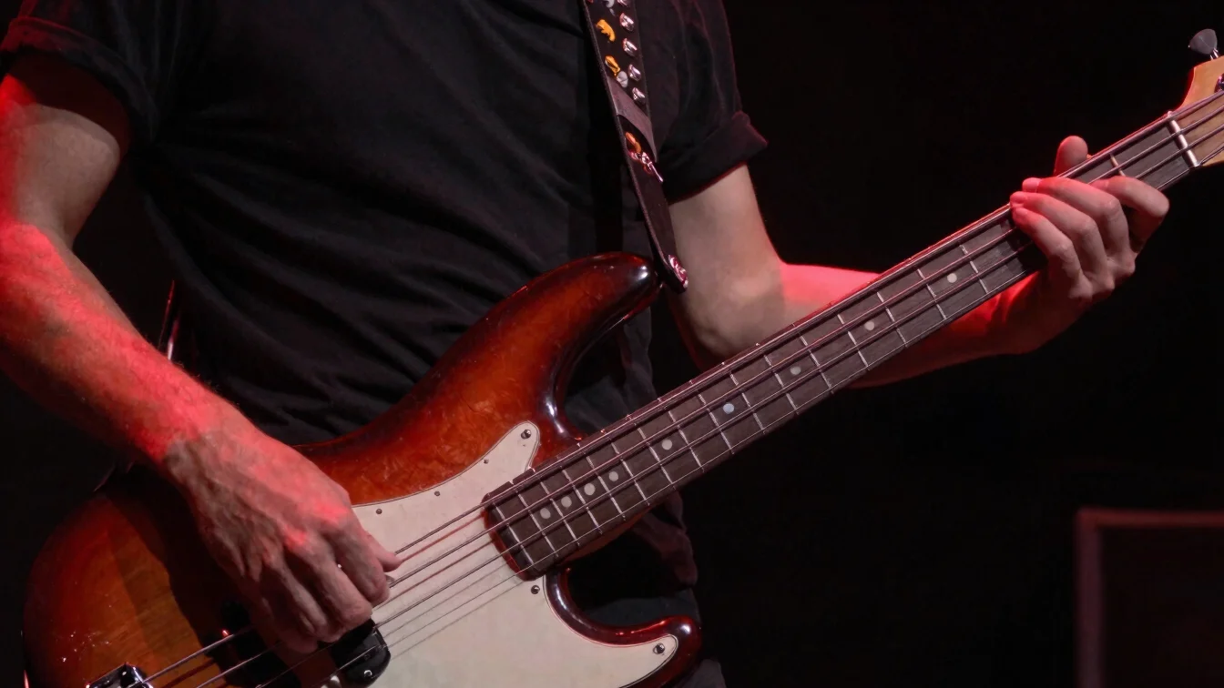 Close detail of a bass player's hands on strings under dramatic r