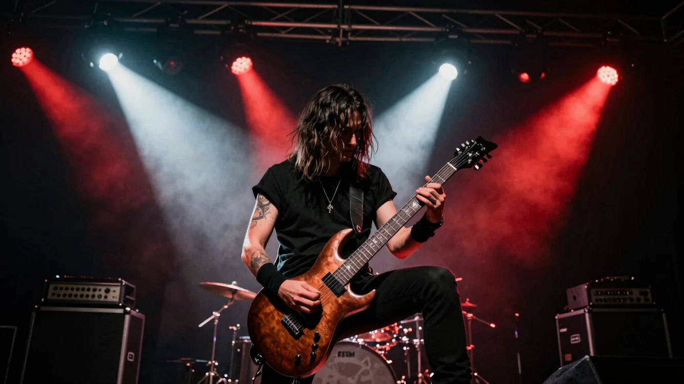 Editorial concert photography of a metal guitarist in a red and w