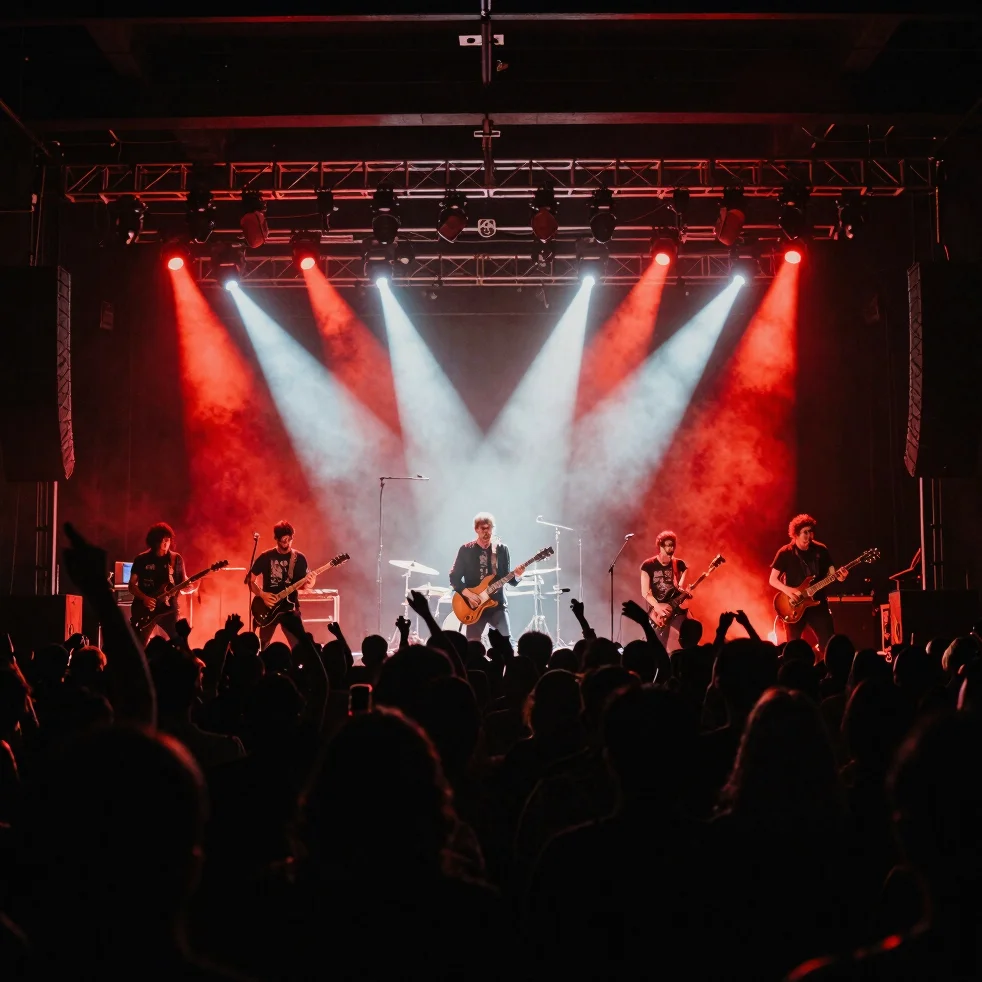 Kinetic wide concert view of a Konpa Metal band performing under