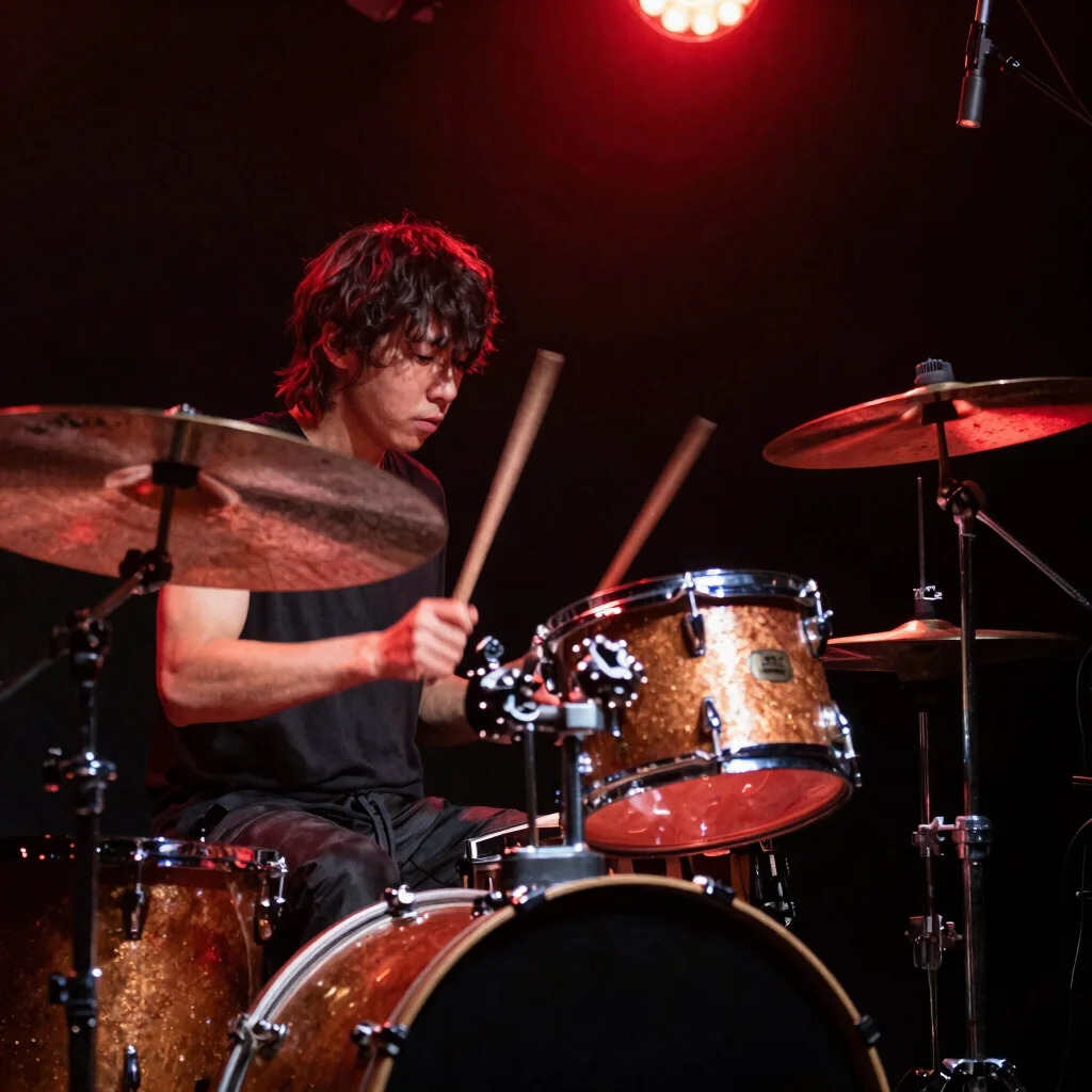 Close detail of a drummer mid-strike under dramatic stage light,