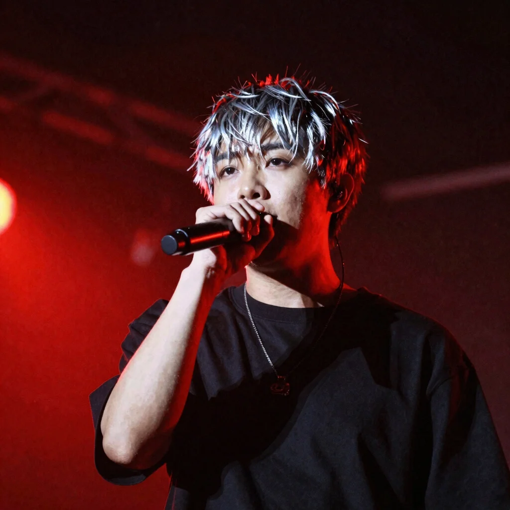Vocalist at the microphone with red backlight and silver highligh