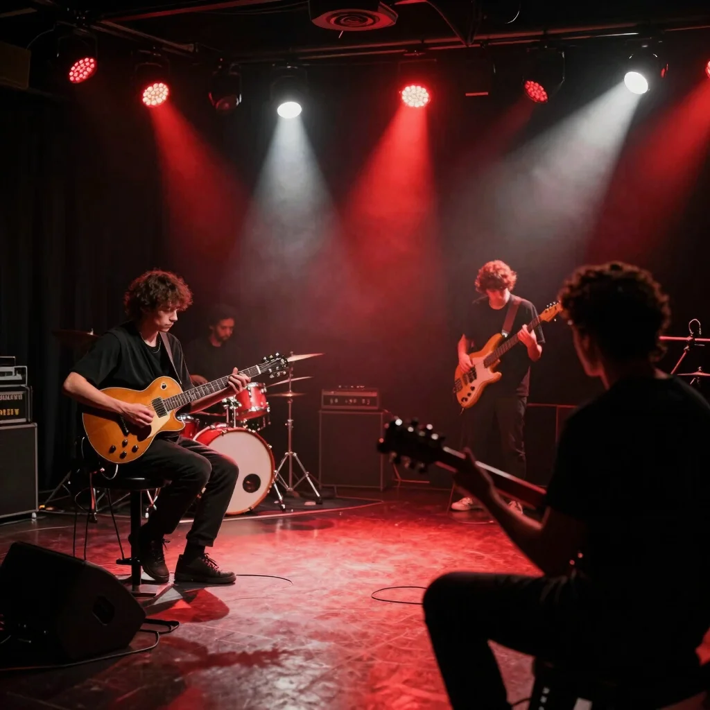 Rehearsal moment with guitarist and bassist in a dim room lit by