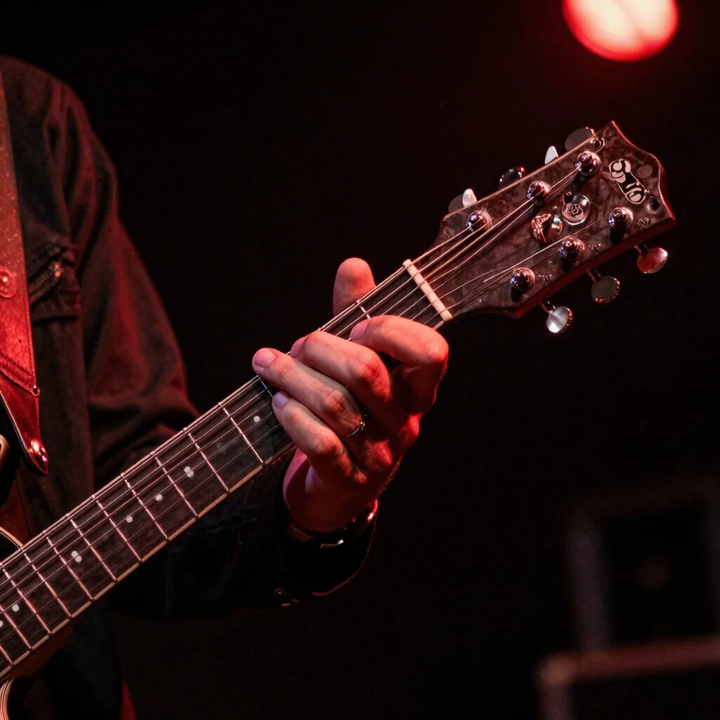Close detail of hands on a guitar neck under dramatic red stage l
