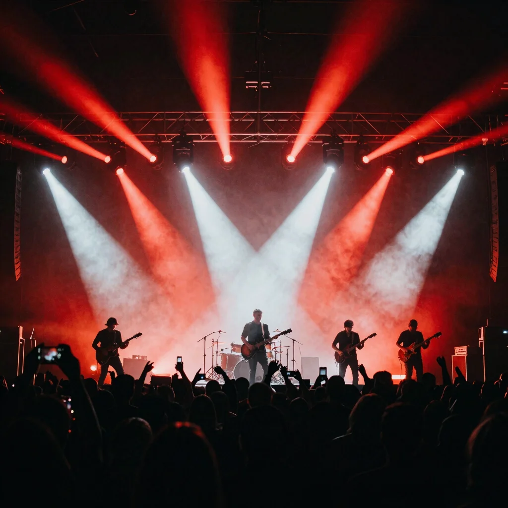 Wide concert setting with the band silhouetted against red and wh